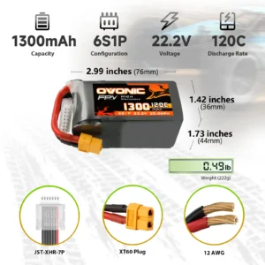 Detalle conector XT60 y dimensiones bateria LiPo 6S Ovonic 1300mAh 120C 76x36x44mm 220g pack 2 unidades